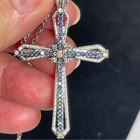Silver Tone Cross Pendant Necklace with Blue and Clear Rhinestones - Picture 4 of 7